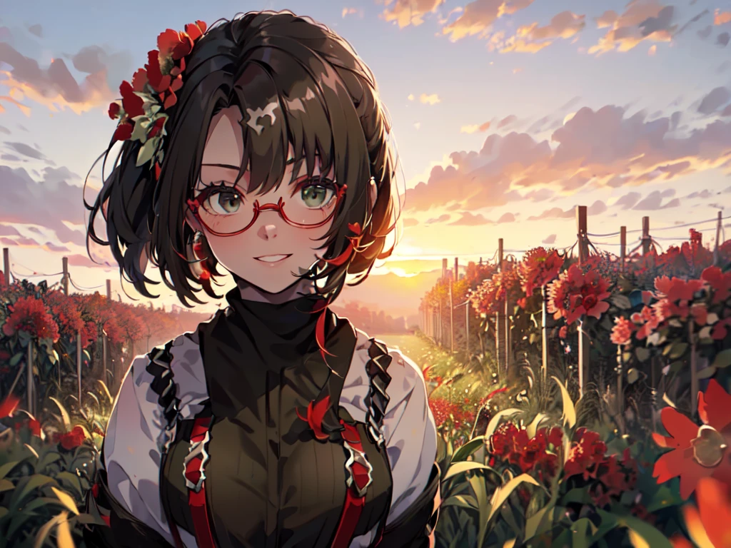 (Solo:2), (One young woman:2), (Small butt, small breasts, short arms, short fingers, short legs, large face), (Arms crossed), (Human ears, earrings, rimless glasses), Floral hair accessory, earrings, (Looking at camera), (Smiling with teeth showing), (With collar), (Vertical cable knit sweater), (High waisted long skirt), (Suspenders:2), (Magnificent grassland surrounded by lots of red flowers:2), (Sunset:2), (Bust-up only, low angle, focus on chest), (Accurate body structure, Accurate hand structure, Accurate finger structure), (Amazing artwork, highest quality, high resolution, 8K, high quality, detailed, delicate, 3D digital)