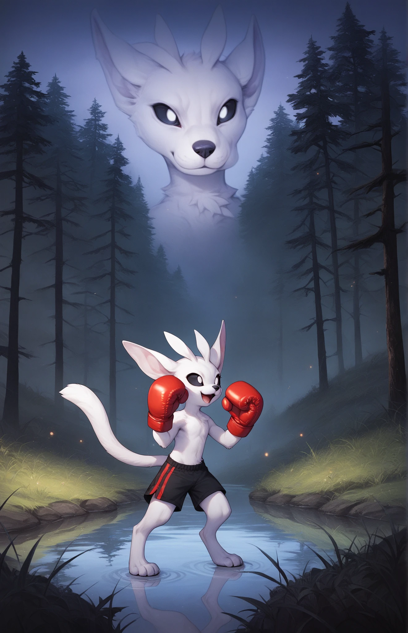 ori, white fur, paws, tail, black sclera, white eyes, black nose, source_anime, upper body, forest, tree, grass, standing, tree trunk, lake, water, reflection, pawpads, night, open mouth, smile, wearing boxing shorts, wearing red boxing gloves, photoshop \(medium\), dark environment, purple light, volumetric fog,, score_9, score_8_up, score_7_up, score_6_up, score_5_up, score_4_up, ponypositive,