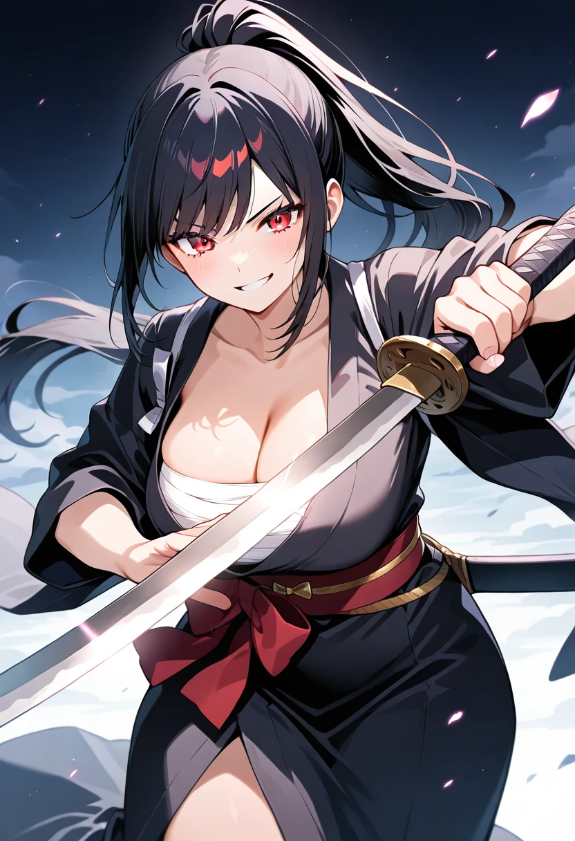 Top quality, masterpiece, high resolution, solo, sumi-e style, samurai girl, long black hair that reaches her shoulders, black eyes, kimono, holding a Japanese sword, beautiful posture, bamboo forest, moonlit night
