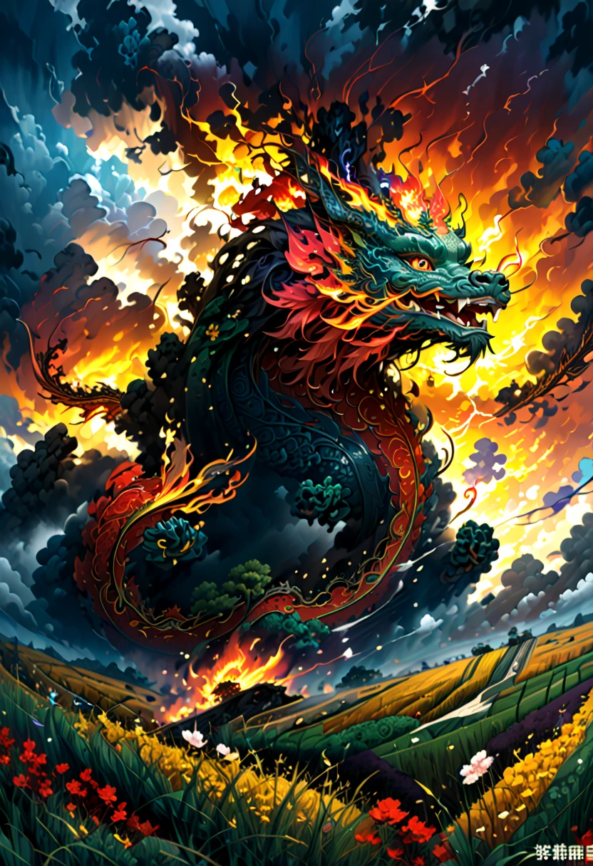 (The main subject: wide wide shot), The flame  black,[Multicolored,(Chinese dragon anthropomorphism)], safe,dramatic clouds,(Go deep into the fields), Rich details​, (Wide sky), (sense of vastness),Energy and vitality, Complicated details.(Best quality, A high resolution, tmasterpiece:1.2), (actual:1.37), HighDynamicRange。