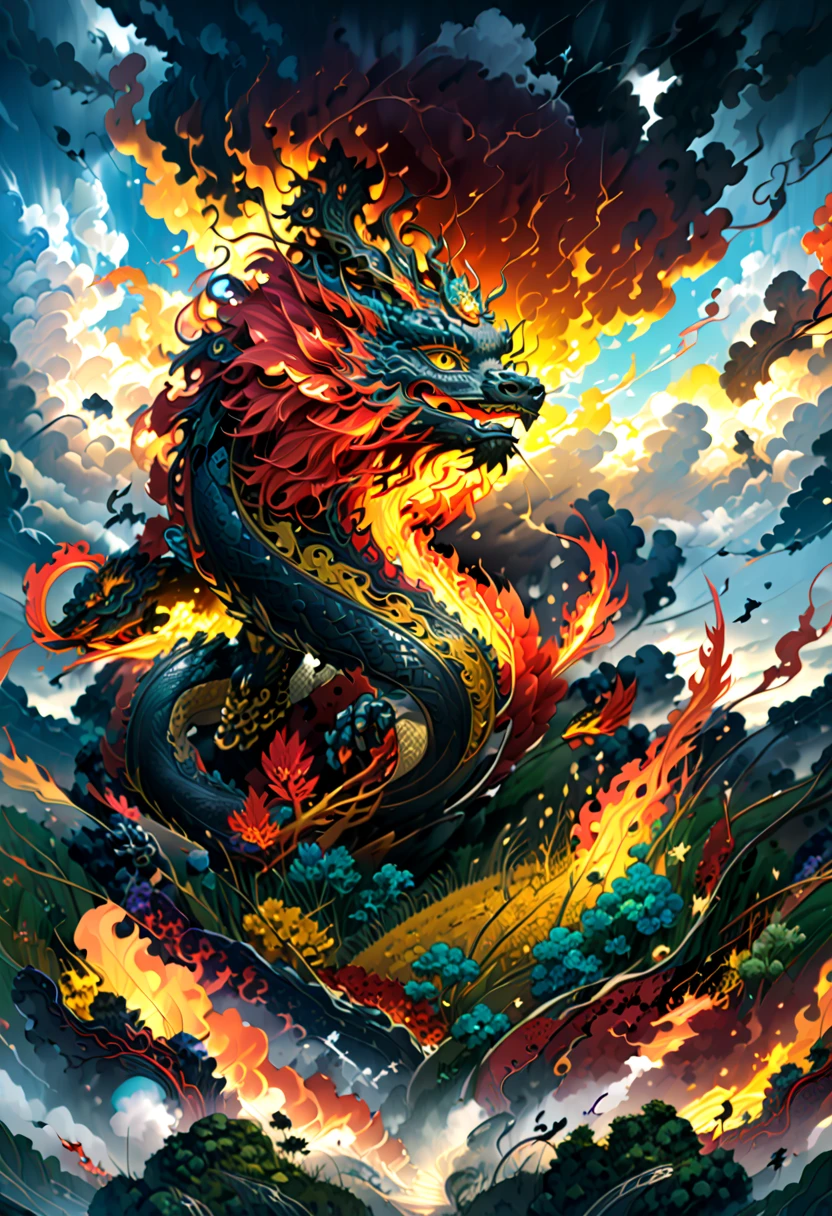 (The main subject: wide wide shot), The flame  black,[Multicolored,(Chinese dragon anthropomorphism)], safe,dramatic clouds,(Go deep into the fields), Rich details​, (Wide sky), (sense of vastness),Energy and vitality, Complicated details.(Best quality, A high resolution, tmasterpiece:1.2), (actual:1.37), HighDynamicRange。