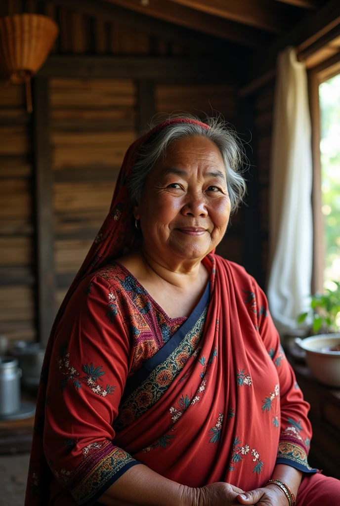 Her name is Samsiah, She is 70 years old, She wears an Indonesian headscarf and sarong and is dressed in Muslim attire, she is loved by 3 handsome adult sons and 5 beautiful hijab-wearing daughters, They live in a verdant village, They are all Javanese Indonesians 