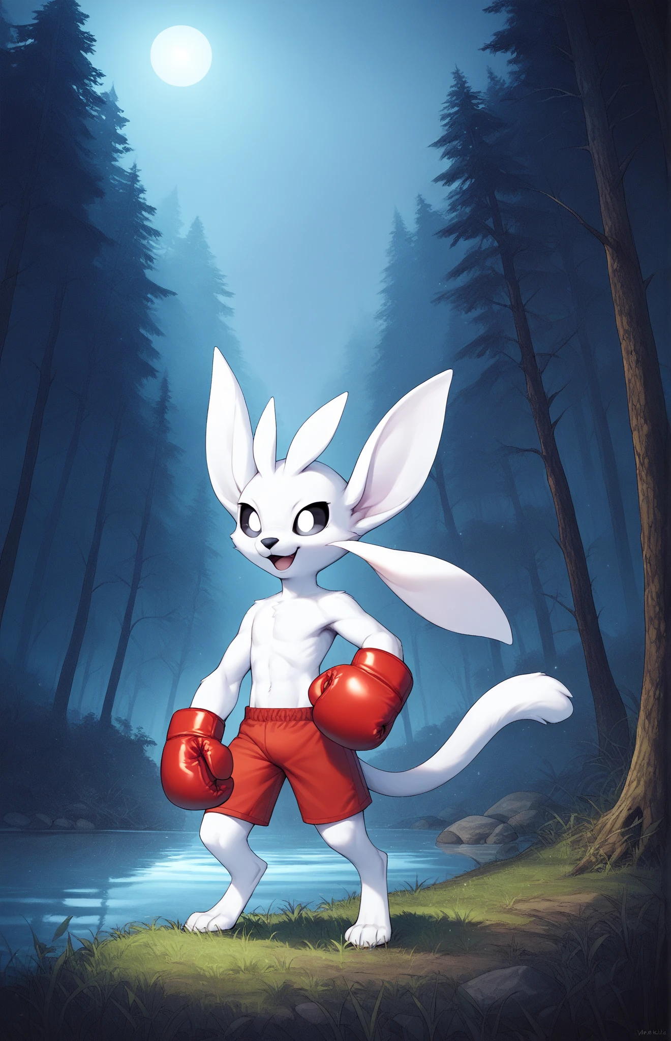 ori, white fur, paws, tail, black sclera, white eyes, black nose, source_anime, upper body, forest, tree, grass, standing, tree trunk, lake, water, reflection, pawpads, night, open mouth, smile, wearing boxing shorts, wearing red boxing gloves, photoshop \(medium\), dark environment, purple light, volumetric fog,, score_9, score_8_up, score_7_up, score_6_up, score_5_up, score_4_up, ponypositive,