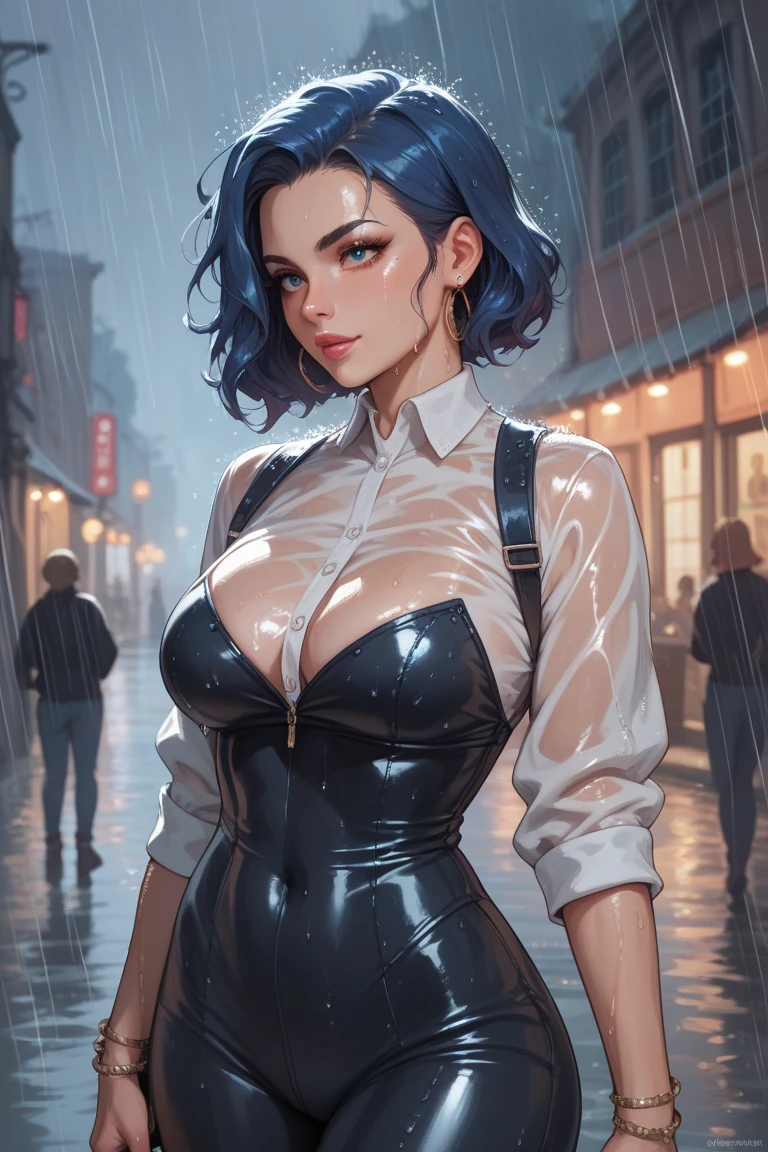 tanned brunette blue eyes. Red lips .thin eyebrows .tall slim waist big breasts big buttocks long curly hair. light blue mini dress with fine fabric and white top with neckline . rainbow. rain