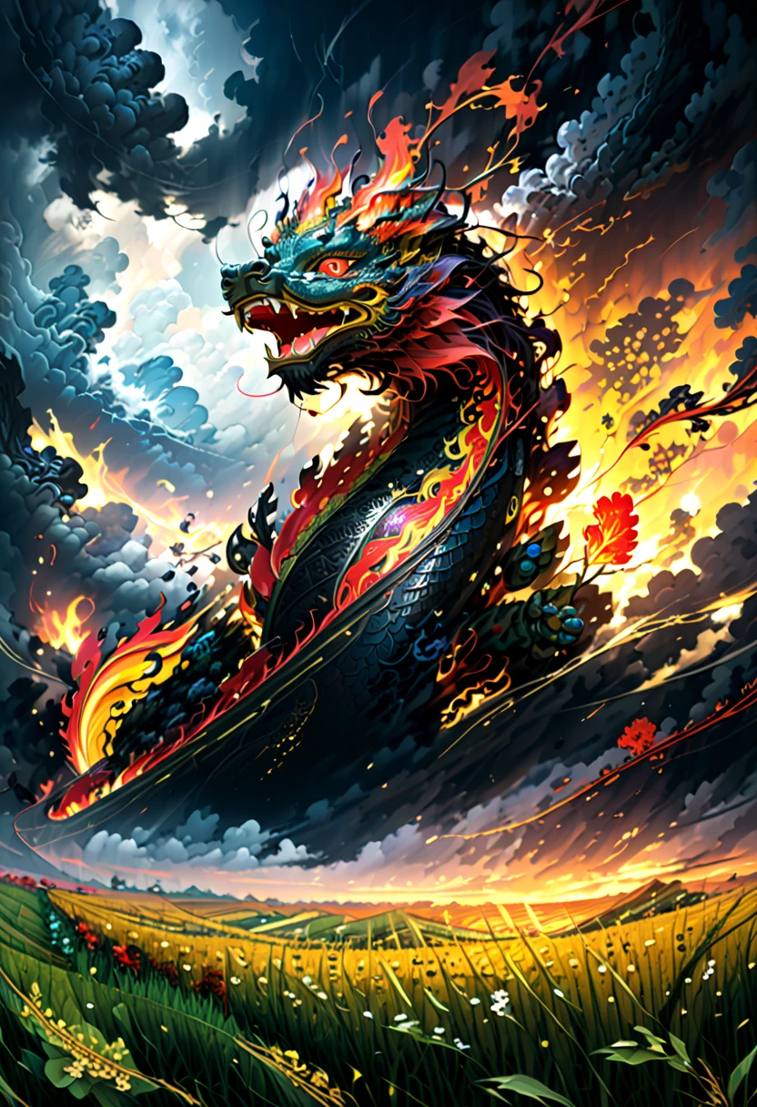 (The main subject: wide wide shot), The flame pitch black, [Multicolored,(Chinese dragon anthropomorphism)], safe,dramatic clouds,(Go deep into the fields), Rich details​, (Wide sky), (sense of vastness),Energy and vitality, Complicated details.(Best quality, A high resolution, tmasterpiece:1.2), (actual:1.37), HighDynamicRange。