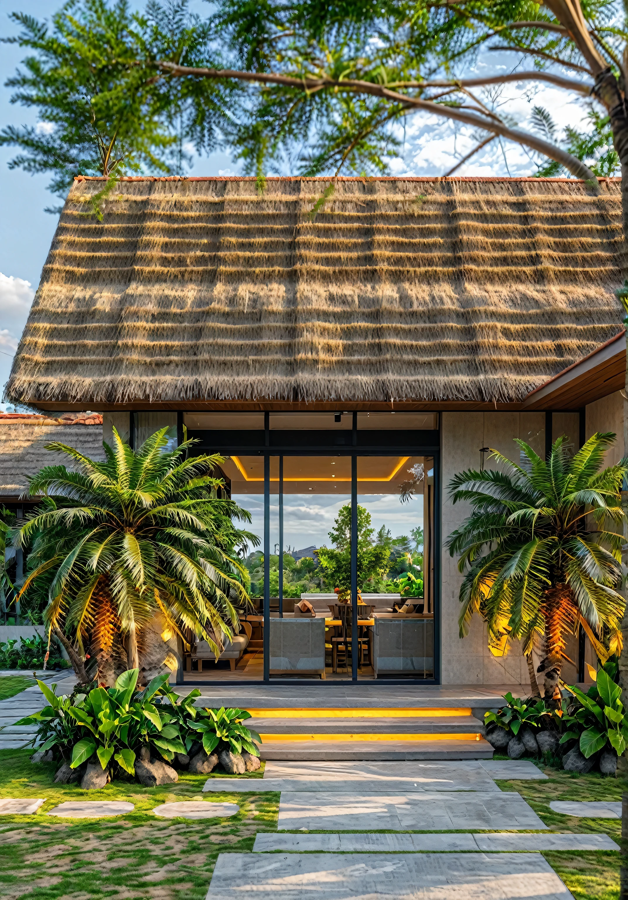 Masterpiece, high quality, best quality, authentic, super detail, outdoors, house style modern,Country house, Bali island resort style,Walls are covered with earth, walls are brown, walls are painted with red earth effect
, thatched roof house, palm roof, thatched roof, spotlight interior lights, Taiwanese almond tree, coconut tree, yard grass, BBQ, 8K, (day:1.1), realistic lighting,