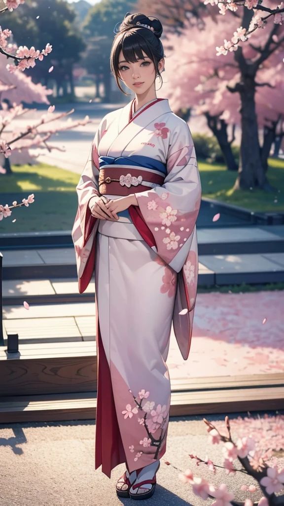 (masterpiece),(Highest quality),(Very detailed),(High resolution),8K,wallpaper,One Woman,A woman is standing,Elegant,Kimono photo shoot,(((whole body))),(hair bun),smile,(Beautiful Japanese patterned furisode),(((The background is a cherry blossom pattern.))),((kimono)), BREAK 8K, RAW Photo, Best Quality, Masterpiece, Realistic, PhotoRealistic, Extremely Detailed 8K Wallpaper, Beautifully Detailed Eyes, Finely Detailed Face, POV Shot, BREAK High-Key Lighting, Professional Lighting, Bokeh:1.4
