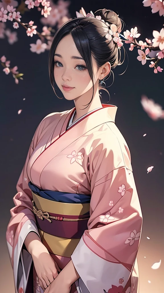 (masterpiece),(Highest quality),(Very detailed),(High resolution),8K,wallpaper,One Woman,A woman is standing,Elegant,Kimono photo shoot,(((whole body))),(hair bun),smile,(Beautiful Japanese patterned furisode),(((The background is a cherry blossom pattern.))),((kimono)), BREAK 8K, RAW Photo, Best Quality, Masterpiece, Realistic, PhotoRealistic, Extremely Detailed 8K Wallpaper, Beautifully Detailed Eyes, Finely Detailed Face, POV Shot, BREAK High-Key Lighting, Professional Lighting, Bokeh:1.4
