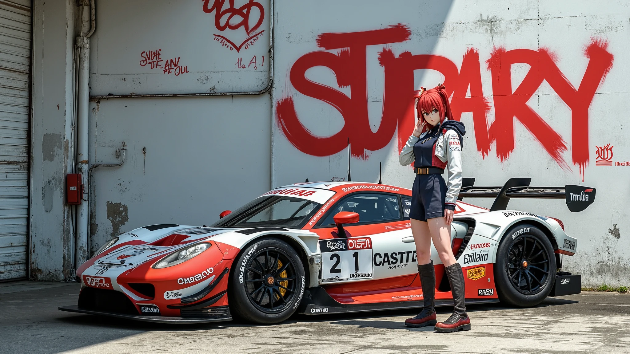 An full length anime character called Anya with red hair and a photo of a DTM Porsche GT3 car, We see the full car in the image, top of the image we see graffiti, the graffiti text says "SINGULARITY"