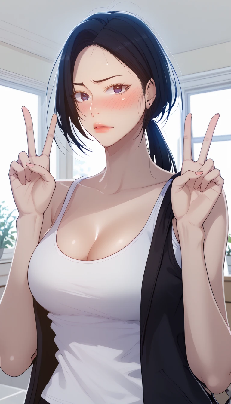 masterpiece, best quality, high quality, high resolution, high details, accurate, intricate details, 1girl, solo, scdef, Cha Soo Ah, black hair, short low ponytail, white tank top, black hoodie, medium breast, cleavage, looking at viewer, embarrassed, double V gesture, upper body, close-up, indoors