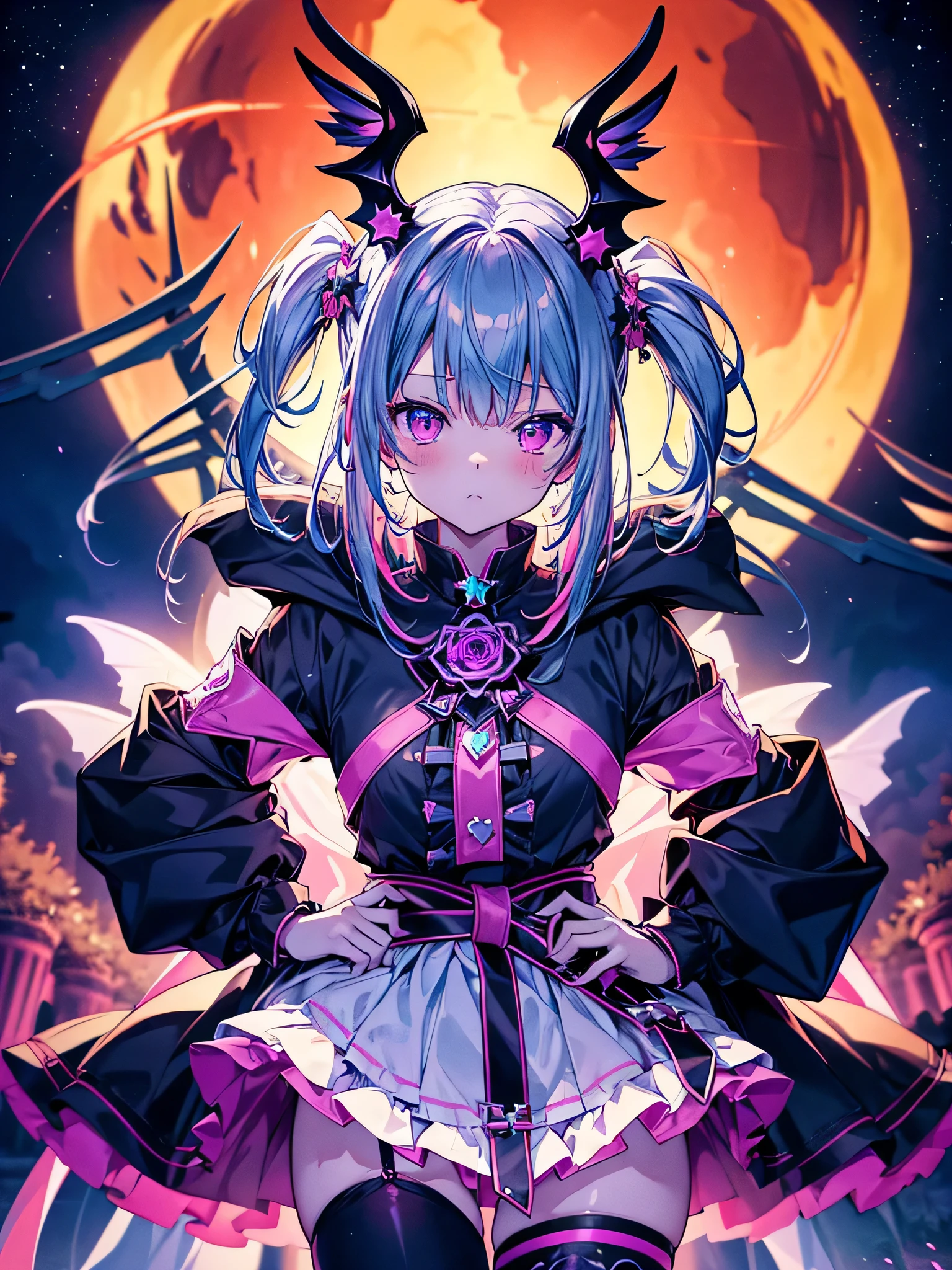 chibi、cute、whole body、Archery、dynamic、 One girl , handsome face、baby face、 Absurd、 Dark fantasy、((( best combination 、 top quality 、The woman screaming The Greatest Masterpiece 、 Ultra-fine、 super detailed 、HHD)))、 is mainly orange and blue neon colors, Gothic Lolita 、 milky way galaxy background ,neon, cyberpunk, top quality , Masterpiece , Absurdな,Ruined castle background 、,Star、Star空、 Milky Way、流Star群、Cybergoth、neon light、whole body立ち絵、neon lightの縁取り、 multicolor 、レッドneon light、The giant size 、 scythe is beautifully decorated 、 Devil's wings grow from the waist 、blue rose fractal art、Bright red full moon、 Red Light Reflection 、Heart horn 、heart、