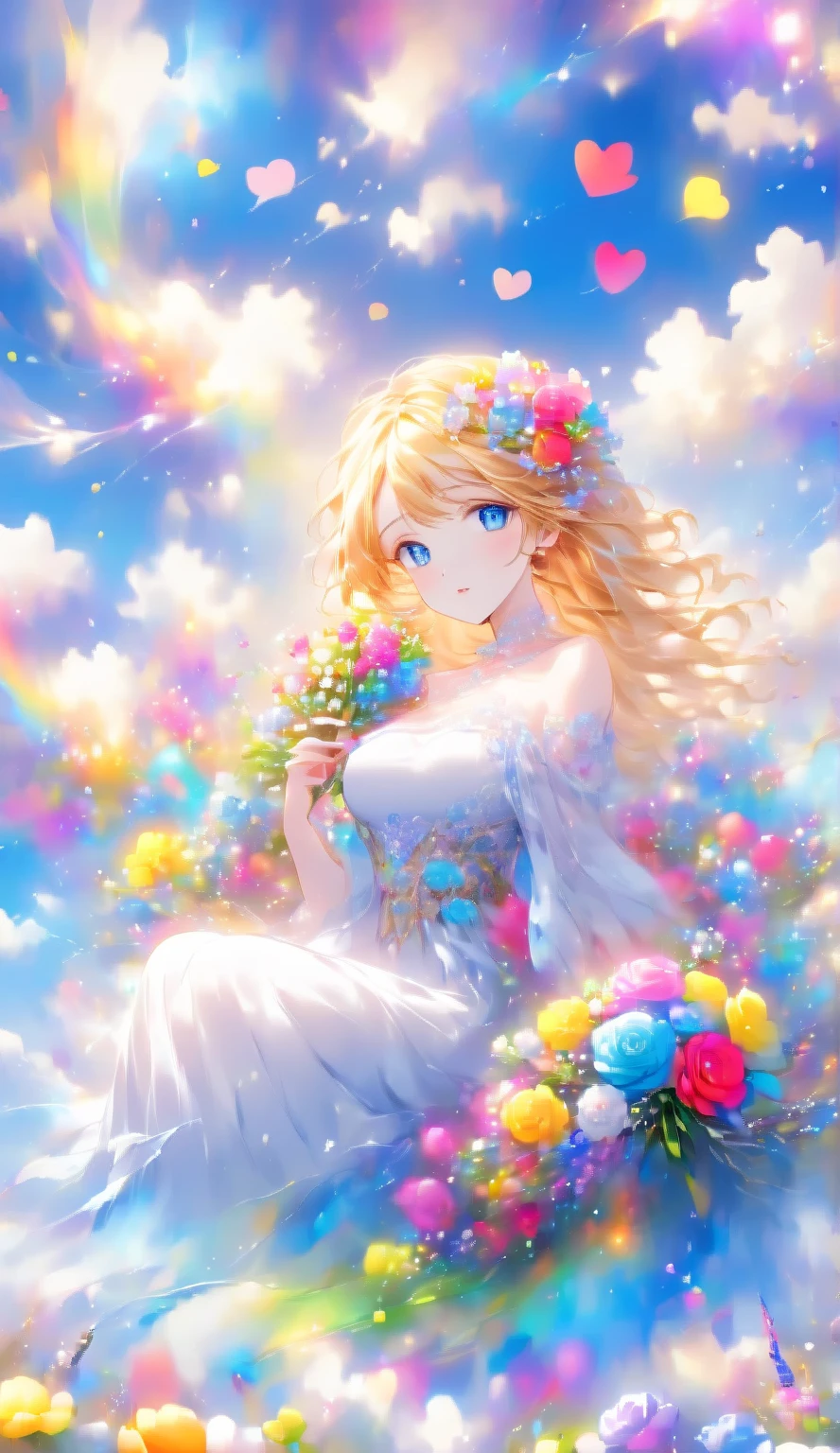 Score 9,Score 8 Up,Score 7 Up,(Best Quality),((Masterpiece)),Anime, "A pretty girl, dressed in gorgeous clothing, is sitting in a vast flower field. She is holding a colorful bouquet, and in the background is a blue sky with floating white clouds." Blue Eyes I'm in a Flower Field. (Best Quality),(Perfect Makeup),(((Shiny Skin))) An anime-style figure is depicted with a long, detailed beautiful face and eyes,(Blue Eyes )(Looking at the viewer)(Large Breasts) Flowing Blonde Hair. The figure is wearing an off-the-shoulder dress with intricate lace and floral patterns. The overall scene has a dreamy atmosphere of a fantastical moment. In the background is a blue sky with floating white clouds. The sky has rainbow-colored snowflakes and light particles floating in the air、raw photo:1.2, masterpiece, highest quality, 16k, unbelievably absurd, very detailed, perfect beauty, beautiful  girl bride with holding roseis bouquet: 1.2,vibrant colors illustration, speech bubble (meow❤hearts)detailed beautiful face and eyes，(Big breasts)(blue eyes )(looking at viewer)