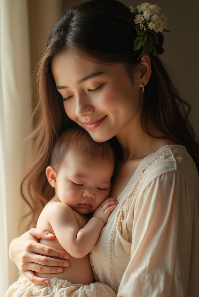 (Highest quality、Tabletop、8k、Best image quality、Award-winning works)、(Beautiful mother holding her baby:1.1)、(Big Breasts:1.5)、Accentuate your body lines、brown Ultra HD Hair、Ultra high resolution perfect beautiful teeth、The most beautiful smile is looking at me、Ultra-high definition beauty face、Ultra HD Hair、Ultra HD Shining Eyes、Shining ultra-high definition white skin、Super high quality glossy lip、(Accurate anatomy:1.2)、(Extremely blurred luxury hotel bedroom background:1.1)、(Strongly blurred background:1.1)、Luxury wall decor、Luxury Interior、(Royal VIP bedroom in the finest hotel:1.2)、(Moody and luxurious lighting:1.1)