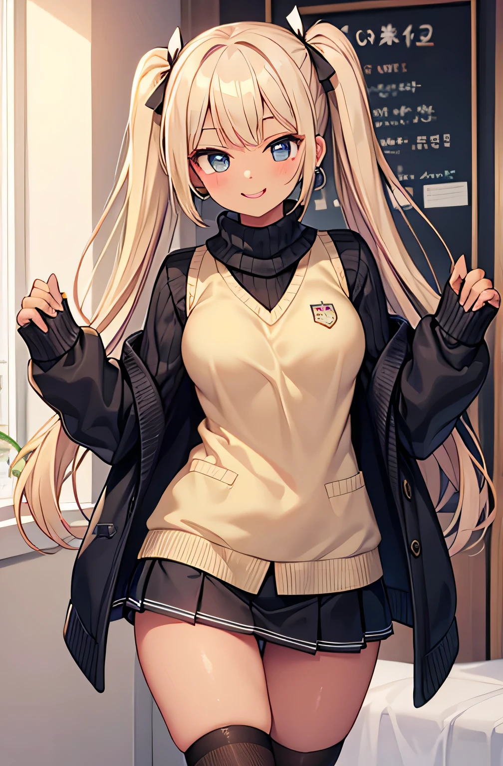 1 girl in、Cute Beautiful Girl、Young Face、((micromini skirt))、(Sweater Hoodie)、Colossal tits、a blond、( student)、lightsmile、((In front of the love hotel))、top-quality、photos realistic