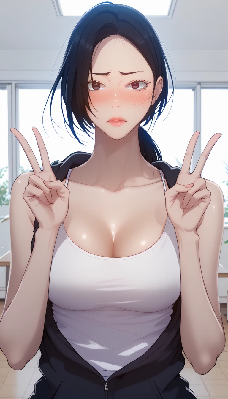 masterpiece, best quality, high quality, high resolution, high details, accurate, intricate details, 1girl, solo, scdef, Cha Soo Ah, black hair, short hair, short low ponytail, white tank top, black hoodie, medium breast, cleavage, looking at viewer, embarrassed, double V gesture, upper body, close-up, indoors