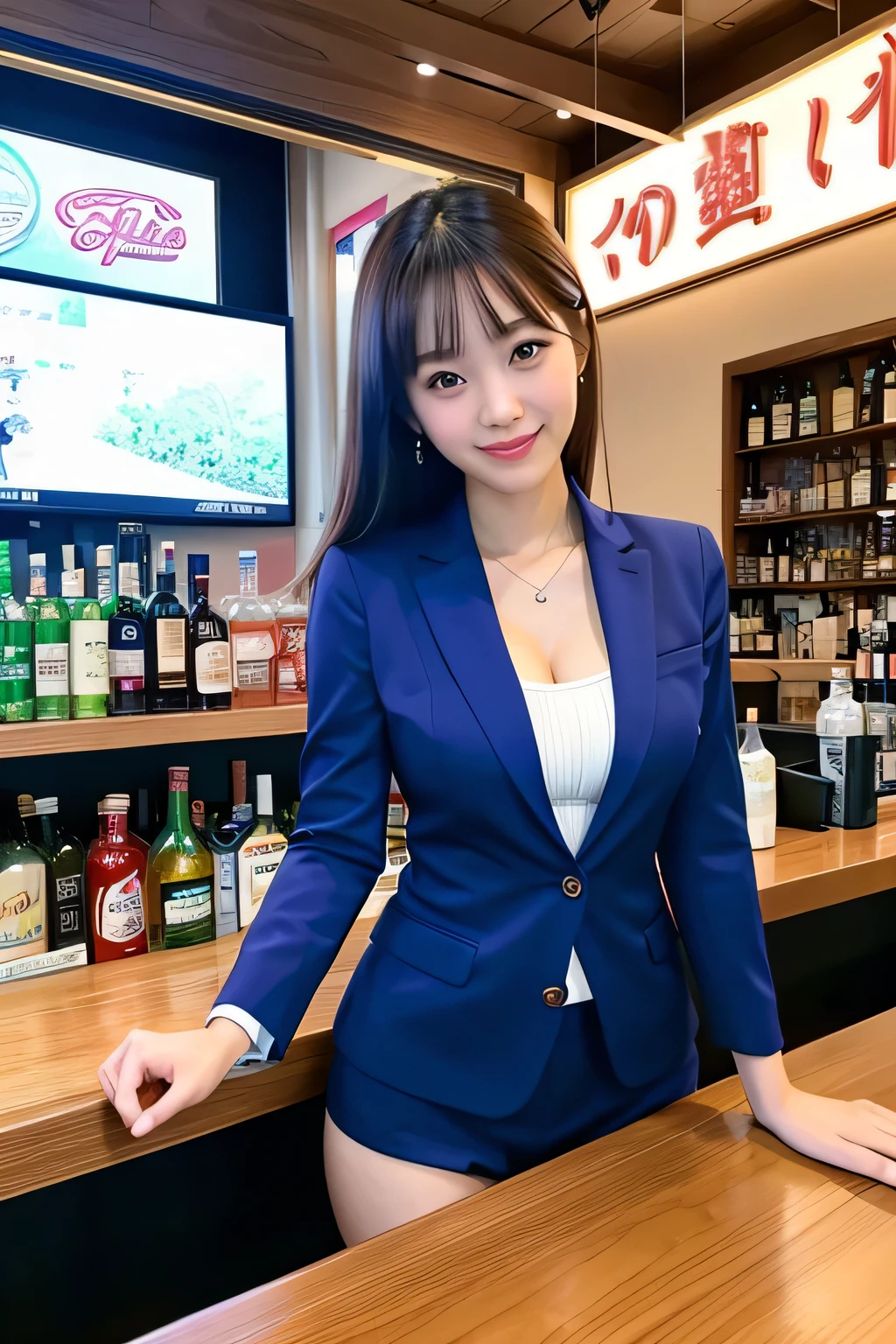 (highest quality, masterpiece:1.3, 超A high resolution), (Super detailed, Caustics), (Realistic:1.4,RAW shooting,)Ultra-Realistic Capture,Very detailed,High resolution 16k, Human skin close-up, The skin texture is natural, It must be detailed enough to be easily identifiable.。 Skin should look healthy and have an even tone。 Use natural light and color, ((Dark Blue Blazer:1.4)), ((The body is slim)), girl, Japanese, 18-year-old, cute, Long Hair, Big Breasts, smile, Turn your body forward, (View from the front:1.1), Looking into the camera,vision, focused on the chest, Light Brown Hair, ((Black choker)), Very long, bushy eyelashes, blue eyes, bangs、Luxury hotel lounge, Marble wall, sofa, ((Beef on a tray, luxurious counter, Over the counter:1.4)), Big Breasts, Red Lip