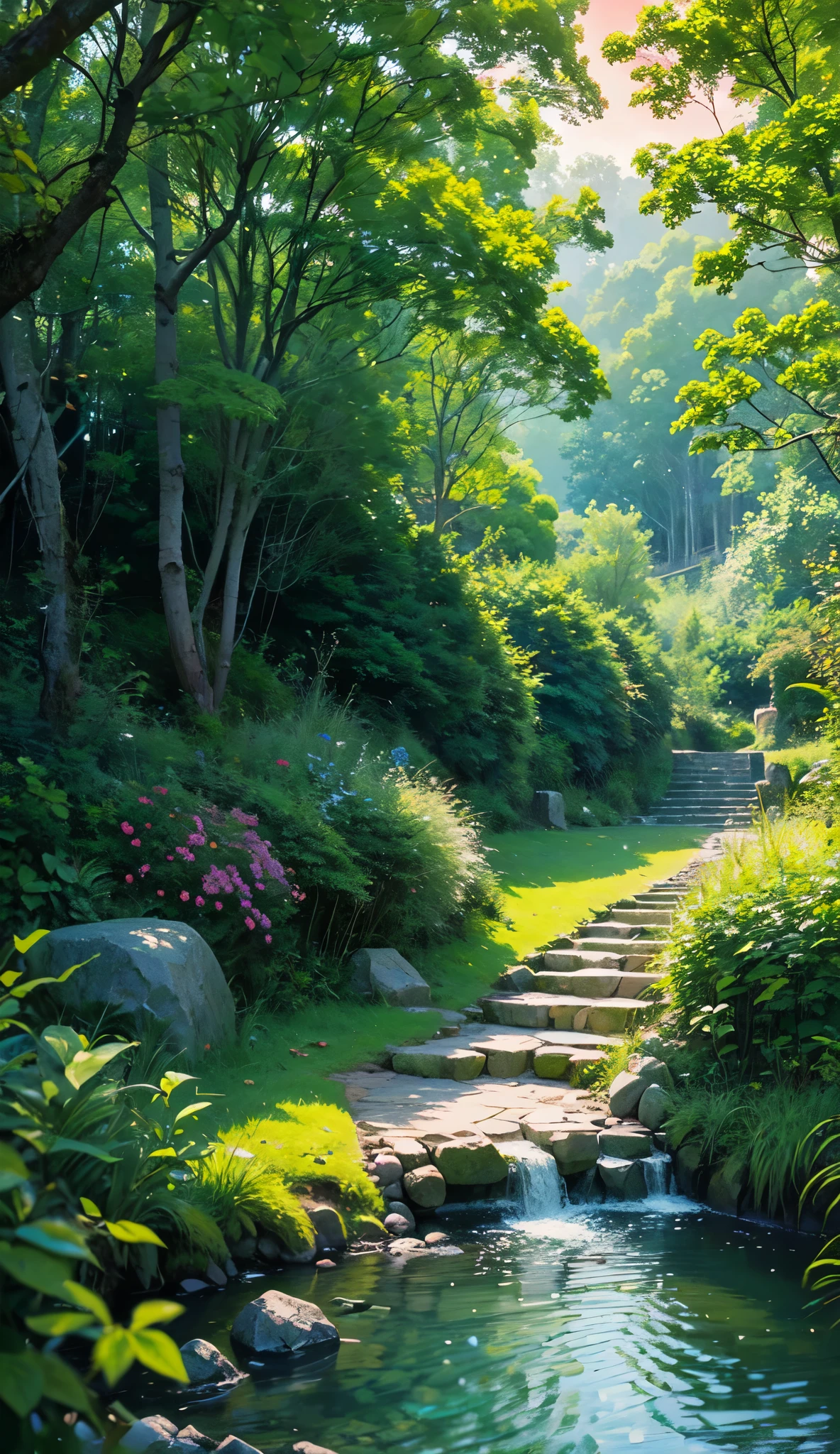 A realistic, detailed painting of a stone pathway leading to a serene lake at dusk, with a red and black dramatic sky and lush greenery on the shore ,the light lighting until stone"