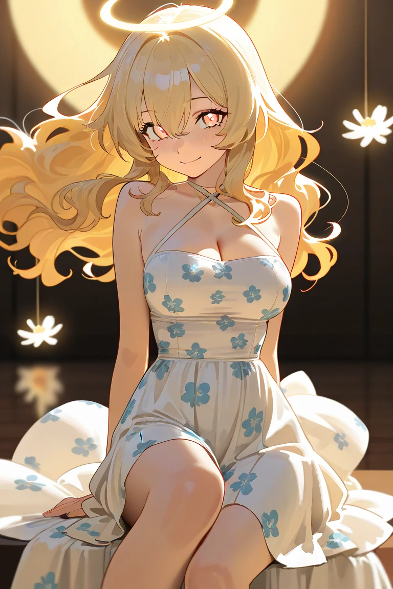 Anime girl, short wavy hair, honey-colored eyes, detailed face, silk clothing, white halter top, blouse with flower patterns, sensual gaze, round breasts, short plain skirt, slender legs, smiling, Letterboxd, Reflection light, Blonde hair, hair between eyes, Perfect anatomy, cinematic lighting, cleavage,
