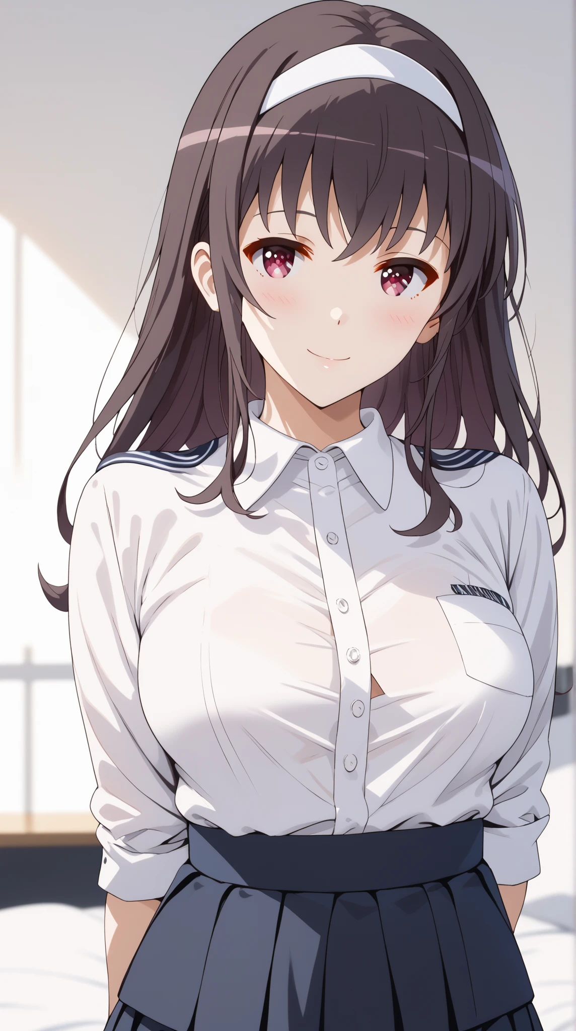 best quality, masterpiece, highres, 1girl,((kasumigaoka utaha)),smile,maroon eyes,((fullbody)),shitdown,(( slim body)),long legs,large breast,arms behind back,teacher uniform,white shirt,black hot skirt,stocking ,looking at viewers,front look,(high detailed skin:1.2), 8k uhd, dslr, soft lighting, high quality, Photograph, high resolution, 4k, 8k, Bokeh, plain white background,bed roomLooking at viewer, 