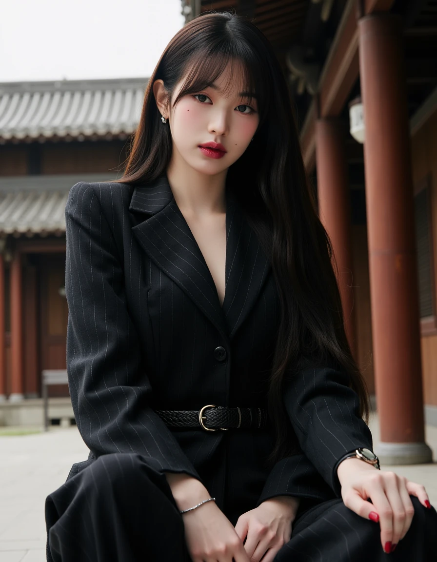 Style: The image is a portrait photograph with a focus on fashion aesthetics. The style is elegant and appears to be influenced by vintage and contemporary fashion elements. Main Elements: - **Subject**: A woman is seated and looking directly at the camera. Her position and attire suggest a casual yet stylish demeanor. - **Setting**: The background features a traditional wooden Asian building with architectural details such as columns and tiled roofs. This setting suggests an urban location with historical significance. - **Woman’s Outfit**: The woman is wearing a dark, pinstriped suit with a vintage look, complemented by a high collar and a roped belt. The blazer is buttoned, and her hands rest casually on her legs, with her fingernails painted in a vivid red color. - **Hair and Accessories**: Her long dark hair is neatly styled and parted in the middle. She wears a small, thin hoop earring in her left ear, and her makeup is subtle, emphasizing natural beauty with a touch of boldness from her red lipstick.