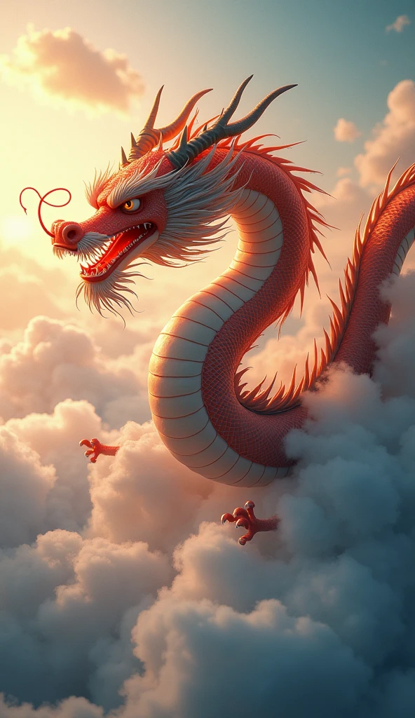 An orange Chinese dragon flying 