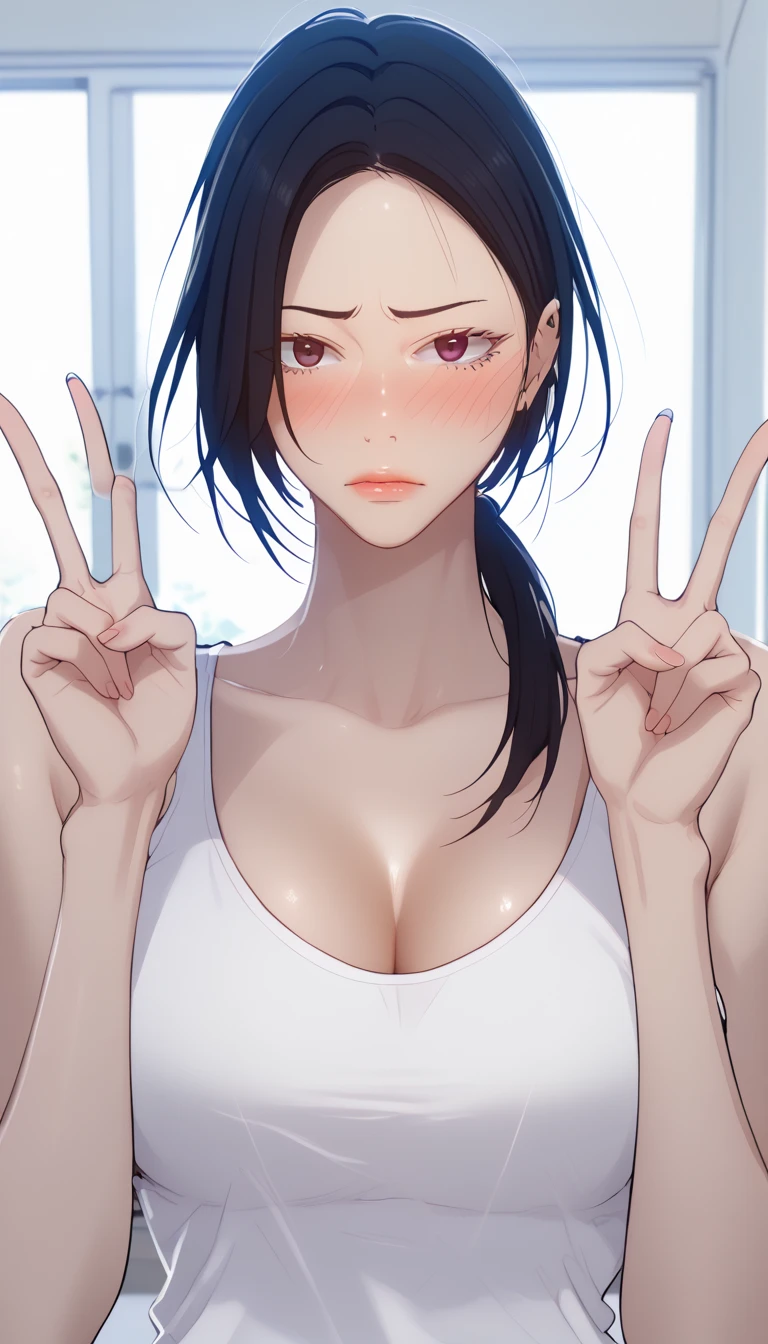 masterpiece, best quality, high quality, high resolution, high details, accurate, intricate details, 1girl, solo, scdef, Cha Soo Ah, black hair, short low ponytail, white tank top, black hoodie, medium breast, cleavage, looking at viewer, embarrassed, double V gesture, upper body, close-up, indoors