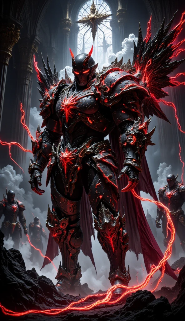 Full Body Mechanized Image of an Adult Male Holy Knight Commander Attached by Demons。His muscular robotic body ，WEARING EVIL BLACK AND RED HOLY KNIGHT ARMOR， has dark red glowing eyes and red-black mechanical wings。 He boldly stands inside a mysterious black and red mechanical church ， surrounded by countless cavalry soldier followers 。 composition underlines his majestic presence ， Eye-catching lights and dramatic shadows accentuate his armor and the church's strange atmosphere。The dark red light in his eyes symbolizes and falls 。 This setting is a cyberpunk-inspired futurist mechanism ，Without a cape 。 Bold composition captures the grandiose and sinister energy of the scene 。