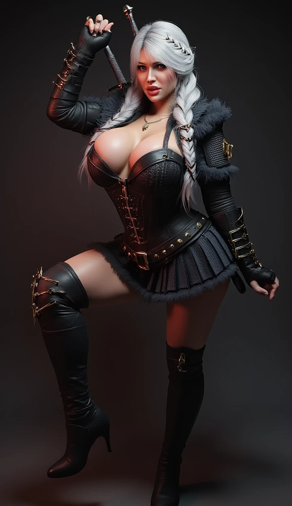 blonde, Icelandic evil spy, she has long blonde hair and beautiful breasts, Suitable, dressed in leather armor with spikes, with a pair of daggers, fur cape, Bare hands, unprotected navy,. very detailed, Norwegian, Berserker, arm muscles, leg muscles, leather belts, (medium breast), stocky, (high), behind it is a tavern in the snow, (((21 feet high)))