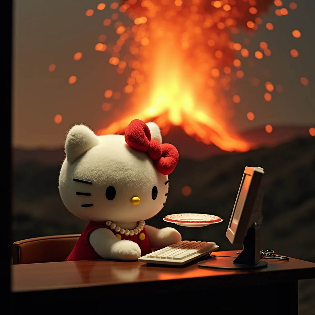 Hello Kitty Using A Computer The plush Hello Kitty is using a computer, wearing a pearl necklace ...