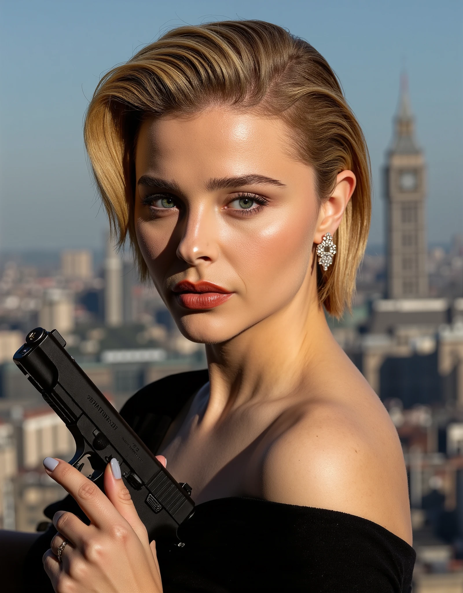 Magazine front cover " Screen " written in middle Red decoration letters at the upon the screen, writing word " 007 " writing black letter under screen , letter under face picture, Font view, cowboy shot, serious , middle cut, golden hair, Chanel design earing, Black Chanel shoulder less dinner simple dress ,both hands hold 1 hand gun, type Walter P-38, background London, (super detail, high details, high quality, accurate, anatomically correct, textured skin, beautiful fingers super detail, high details, high quality, best quality)