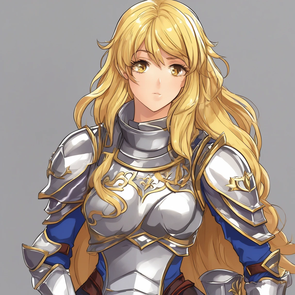 aids _Wallenstein,  One girl , Alone, Blonde,  long hair,  yellow eyes, medium breasts, armor, breastplate,  dress, White background,  Watch viewers, Under the arms,  arm-crossed,   open mouth,  serious expression,  simple background,  upper body,  yag,  anime coloring (masterpiece),( top quality ),( ultra detail ),( best illustration ),(Best Shadow),( absurd),( detailed background),(  very aesthetic  ),