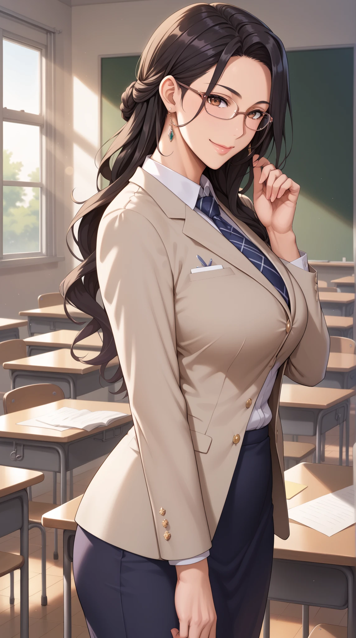 ((Tabletop, Highest quality, High resolution, , Pixel Perfect, 4K,))), 1 female teacher, single, alone, beauty、The whole body is visible、 ((Medium Wavy Hair, bangs, Brown Hair)), ((Brown eyes, Beautiful eyelashes, Realistic eyes)), ((Detailed face, blush:1.2)), ((Smooth texture:0.75, Realistic texture:0.65, Realistic:1.1, Anime CG style)), Center of chest, Dynamic Angle, Perfect body, (( , , Wearing a white coat、Female doctor、, 、))、、Very embarrassing panic smile, 、Black pleated flared skirt、classroom、Sit on a chair、Please lift up your skirt and show me your pants.、、(Showing off her white and pink floral lace panties、)、Angle from below)、