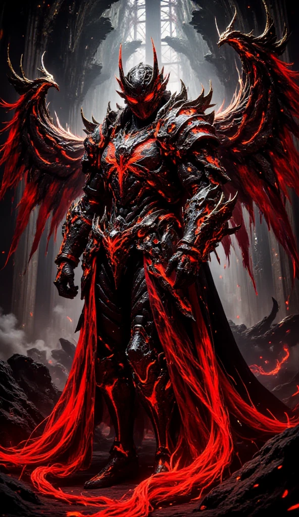 Full Body Mechanized Image of an Adult Male Holy Knight Commander Attached by Demons。His muscular robotic body ，WEARING EVIL BLACK AND RED HOLY KNIGHT ARMOR， has dark red glowing eyes and red-black mechanical wings。 He boldly stands inside a mysterious black and red mechanical church ， surrounded by countless cavalry soldier followers 。 composition underlines his majestic presence ， Eye-catching lights and dramatic shadows accentuate his armor and the church's strange atmosphere。The dark red light in his eyes symbolizes and falls 。 This setting is a cyberpunk-inspired futurist mechanism ，Without a cape 。 Bold composition captures the grandiose and sinister energy of the scene 。