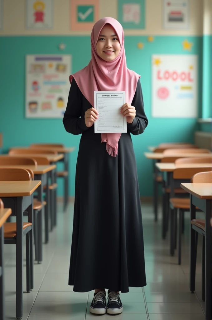 The most beautiful asian malaysian hijab girl, wearing a shoulder handbag, who is the teacher, is in front of the class. She is wearing a beautiful baju kurung and a pair of high cut black converse.