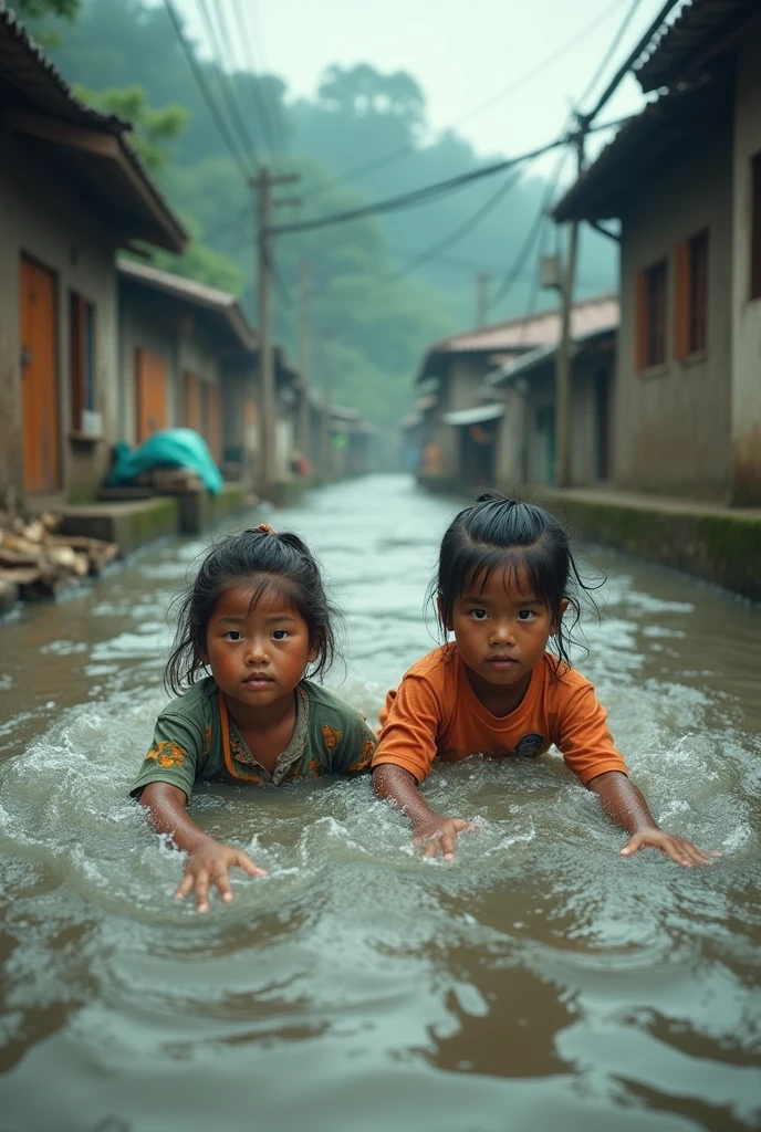 create real photo, an indonesian handsome boy is partially submerged in flood water up to their neck. he is holding a large, round basin on his head with both hands. The basin contains an indonesian hijab girl sitting inside it. The boy's face is visible, looking directly at the viewer with determined eyes and puffed cheeks, likely in an effort to stay afloat. the rural city is flooded environment. raining. The lighting is natural outdoor conditions. The scene invokes a sense of resilience and protection, dramatic, photogenic, UHD.