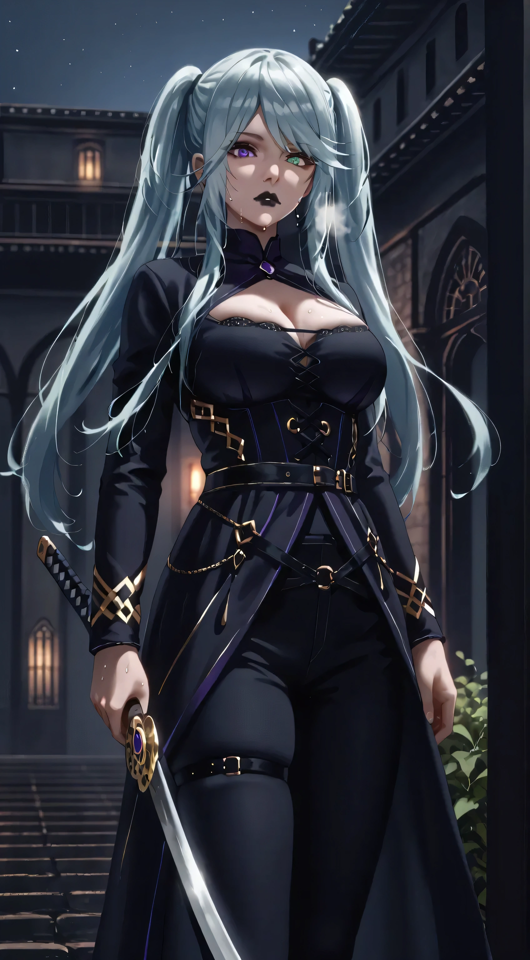 Fatego, score_8_up, score_6_up, uncensored, epsilon, long hair, twintails, blue hair, purple eyes, sidelocks, (black lipstick, black lips:1.3), large breasts, BREAK detailed eyes, (perfect hands, perfect anatomy), detailed eyes, (perfect hands, perfect anatomy), (skindentation:1.2), beautiful detailed lips, extremely detailed face and portrait, elegant expression, soft warm lighting, volumetric lighting, cinematic composition, detailed environment, lush garden, vibrant colors, intricate details, masterpiece, high resolution, digital painting, excessive sweating, sweating profusely, sweating drop, (gasping, heavy breathing:1.2), hollow eyes (Abstractionism:1.2), BREAK, 1girl, weapon, sword, solo, holding_weapon, holding, breasts, holding_sword, looking_at_viewer, cleavage, night, katana, long_sleeves, outdoors, belt, bright pupils, (heterochromia:1.2), closed_mouth, dress, pants, standing, black_pants, black_dress, building, 
