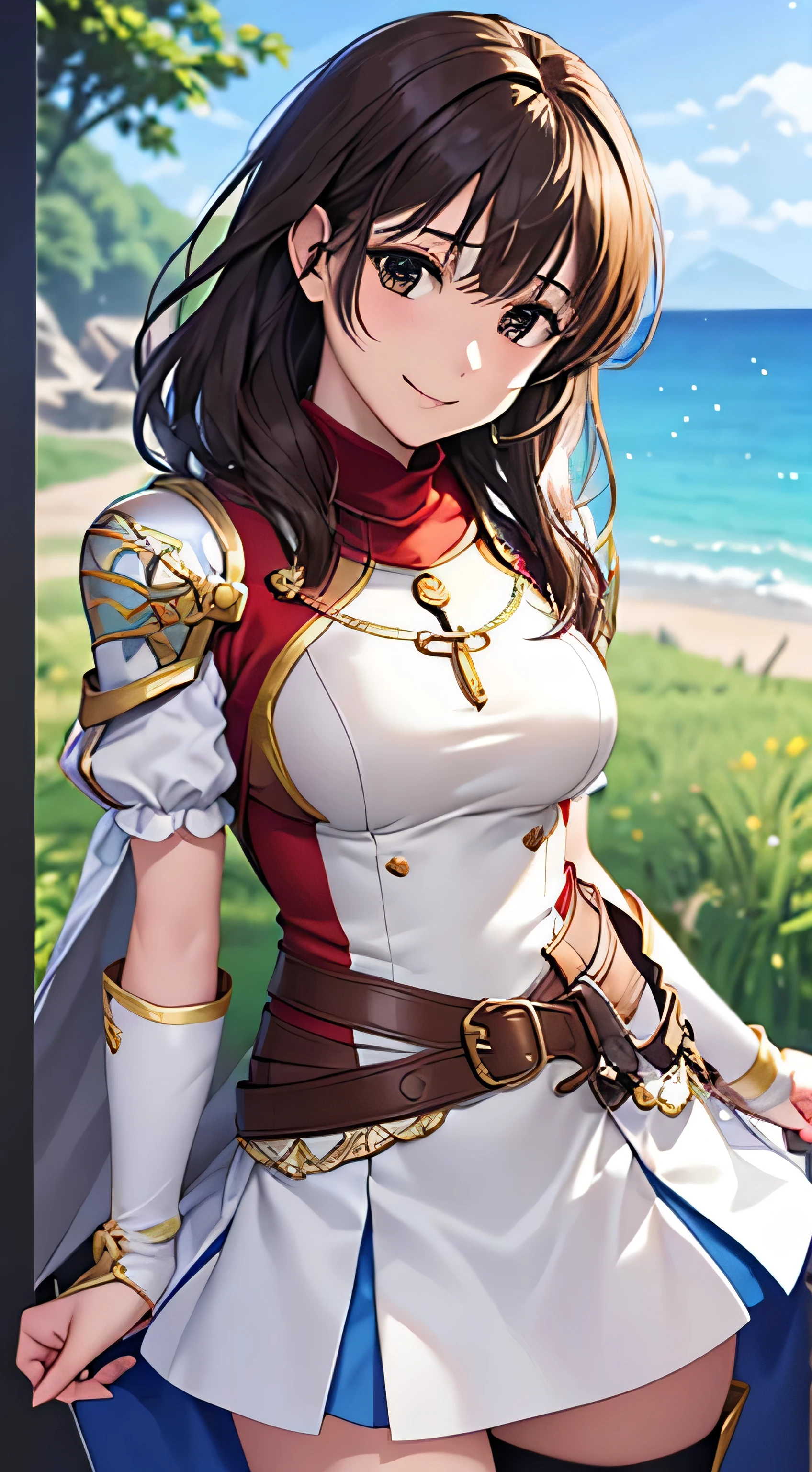 (( , top quality, , Pixel Perfect , 4K,))), 1 Woman , 、 (( medium wave hair 、, light brown hair 、 )), (( brown eyes , beautiful eyelashes , realistic eyes)), (( detailed face , )), (( smooth texture:0.75, realistic texture:0.65, realistic :1.1, anime CG style)), pose using medium bust , dynamic angle , perfect body , (( , ,, , , , white and blue dress , white and blue long flared skirt ,Gold Shoulder Armor 、 open legs、 knee-high boots , gold and black arm guards , belt、 、)), (( with no sense of incongruity , hold the skirt with your hand))、 cross necklace 、 、 ( Vast Prairie )、I can see the sea in the distance 、、、 、 cute smile、A shy, bright red smile 、 Stick Out Your Butt、 lean forward、、、)