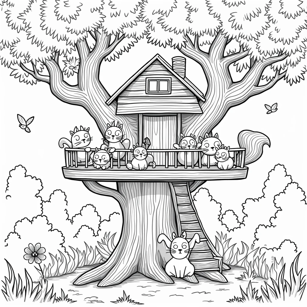 Magical Treehouse: A treehouse with slides, rope swings, and ladders, inhabited by cheerful woodland creatures. black and white, thick line art for coloring book