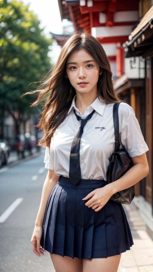 a beautiful 18 year old Japanese high school girl with perfect anatomy, healthy thighs, beautiful legs, beautiful skin, random hair color and style, large breasts, (wearing a Japanese schoolgirl uniform:1.3), (she is standing:1.2), penny loafers, holding a student bag, full body shot, standing on a city street, (best quality,4k,8k,highres,masterpiece:1.3),(extremely detailed:1.2),photorealistic,ultra-detailed,vivid colors, studio lighting, professional