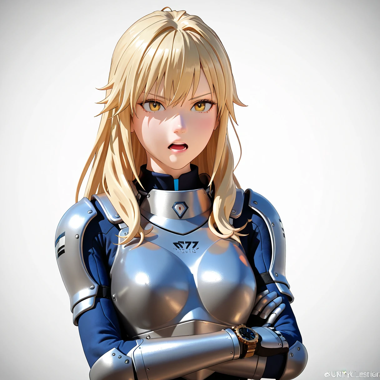 ( Super Realistic Pictures , RAW photos  , realism , 3d rendering ,Unity Engine), BRAEK EYES _Wallenstein,  One girl , Alone, Blonde,  long hair,  yellow eyes, medium breasts, armor, breastplate,  dress, White background,  Watch viewers, Under the arms,  arm-crossed,   open mouth,  serious expression,  simple background, 