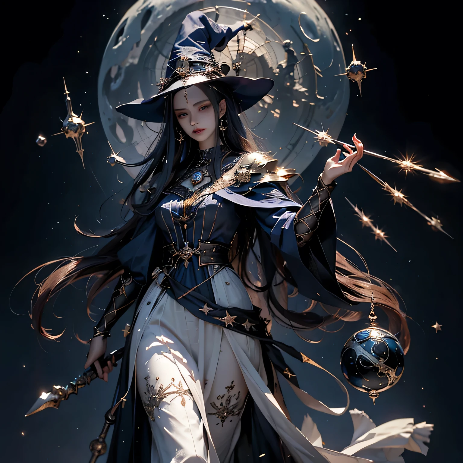 Arafad image of a woman holding a sword and a blue ball, Beautiful celestial mage, Super detailed fantasy characters, Epic Mage Girl Character, Epic and beautiful character art, a beautiful witch, 2. 5d cgi anime fantasy artwork, beautiful witch, Trending on artstation, fantasy mage, Humanity :: witch, portrait of female mage