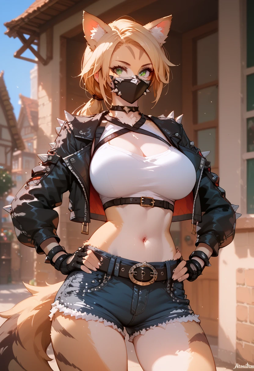 score_9, score_8_up, score_7_up, score_6_up, score_5_up, score_4_up, (masterpiece, best quality:1.2), 1girl, solo, standing, smile, large full breasts, a day town, Hands on hips,
BBREAK furry female, animal ears, tail, blonde and black hair, green eyes, long hair, low ponytail, mask,
BREAK fingerless gloves, belt, jacket, shorts, crop top, denim shorts, spikes, navel, black jacket,