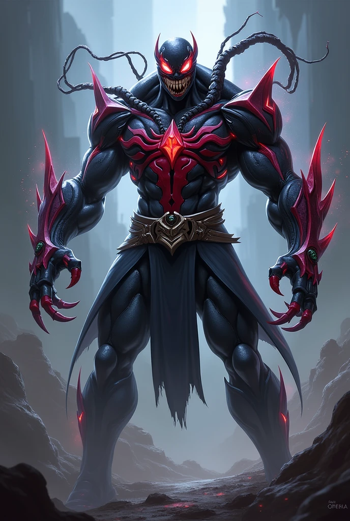 in style of Harry Clarke,character concept design,half body, (ROSE HEAD:1.5) (no face:2.0) paladin,angry,crazy smile,fighting pose,Magic Effects,Metallic details,Red tone,Unknown background,perfect hands,Core Art,The art of spray painting,Splash Art