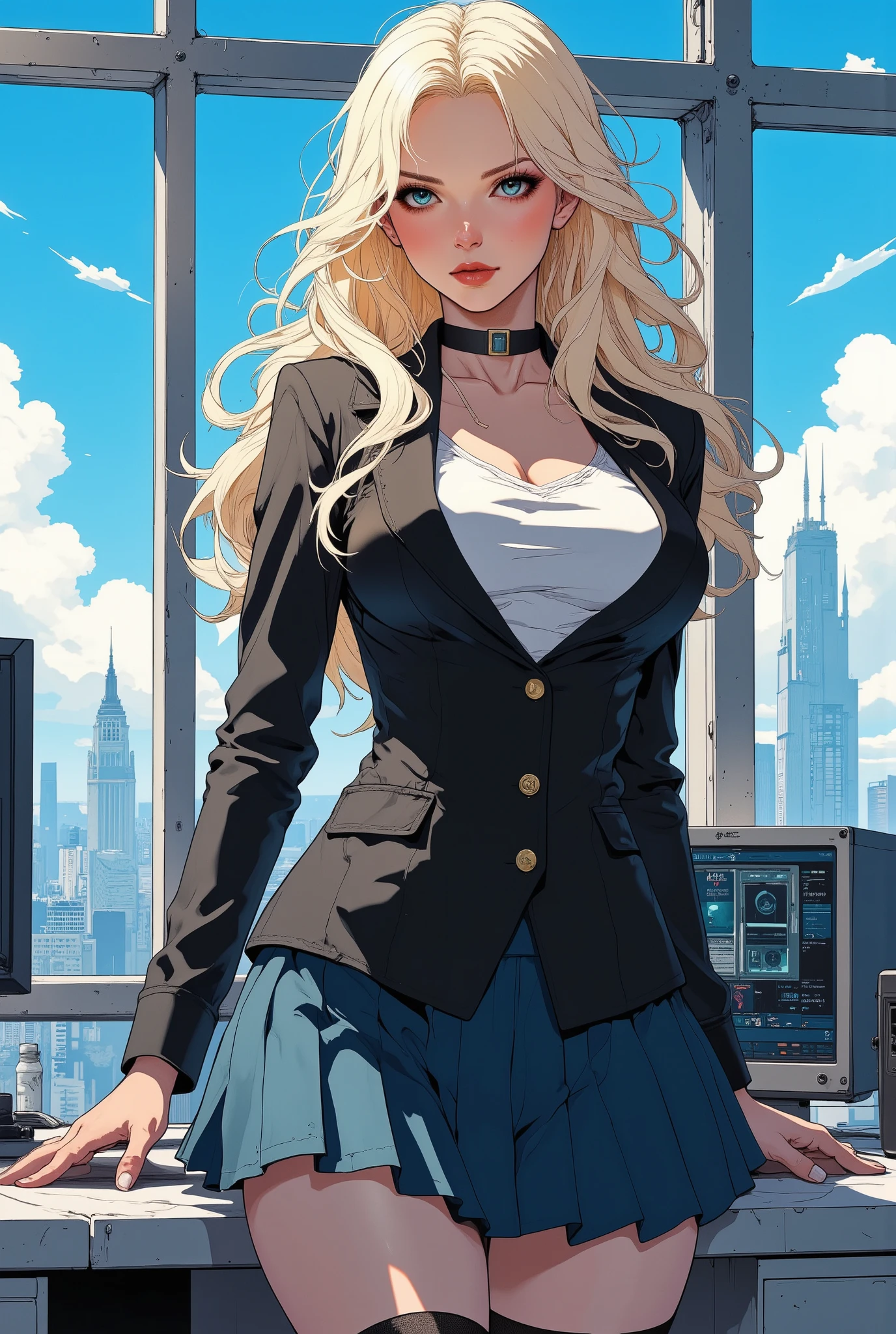 illustration, adult content, a sexy beautiful woman, 8k, cowboy shot, visual anime of a cute girl, best anime girl, Ecchi anime style, BREAK, seductive lady, blond hair, shiny hair, detailed eyes and face, Defined tabs, eyeshadow, crystal clear eyes, detailed lips, beautiful detailed eyes,  ojos color azul claro big breasts, tits, voluptuous, light visible, BREAK,   green eyes, by rubio, long shiny hair, big breasts, High resolution, beautiful detailed eyes, extremely detailed face, good lighting, Detailed CG, bright lips, skirt, thighhighs, bow, School Uniform, jacket, pleated skirt, shoes, black thighhighs, The Great Passage, Plaid, Plaid skirt, blazer, soft texture neckline, thighs, feminine curves, perfect anatomy, BREAK, with pronounced neckline, open mouth smile, BREAK, in a seductive pose in an office, next to a large window in an office at the top of a skyscraper, blue sky , sexy secretary.
. looking at the viewer with a sultry look, seductive smile, sexually suggestive