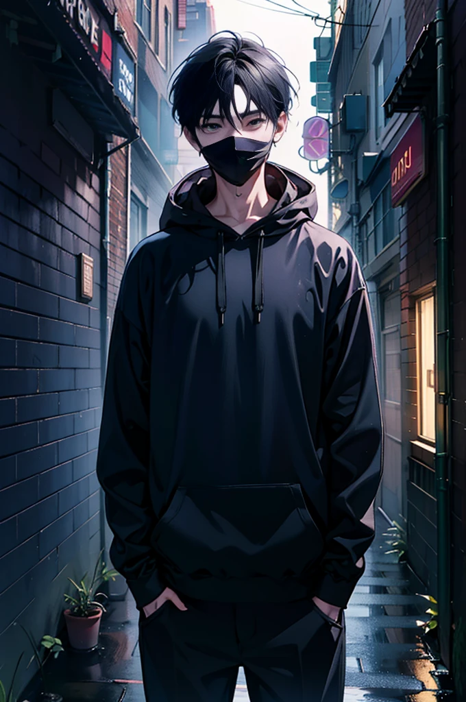   A tall man standing in a dimly lit alley ,  up ,  partially obscures her face .   The alley was wet by recent rain  ,   reflecting the neon signs nearby  .  His hands are in his pocket , ， He was wearing a dark grey hoodie with a hood ， casually leaning against a brick wall  ,   Steam coming out of a nearby grate  . The scene feels mysterious , ， He has shadows dancing on his body  ,   Adding to the atmosphere of intrigue and secrecy around him .