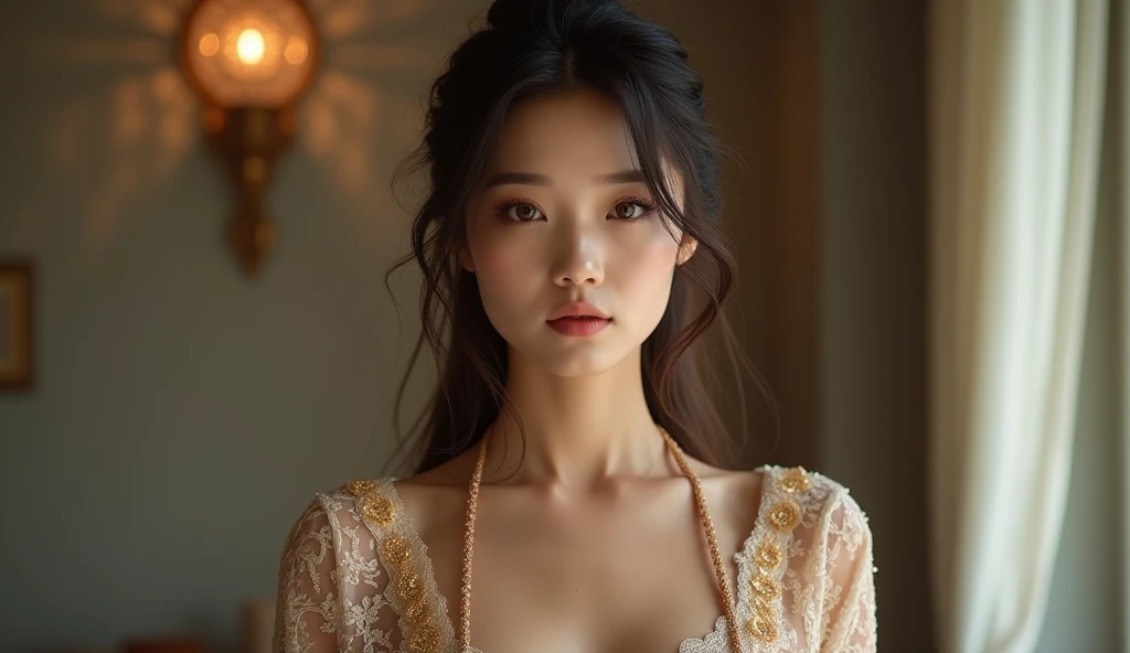 (photorealism:1.2), Using Imperial Chinese Dress and crown, beautiful mature white Queen, lying on the bed, A close-up to face and straight-on view from above, good body, straight body possure, big breasts, moderate emotion, like Diao Chan, sweet smile.