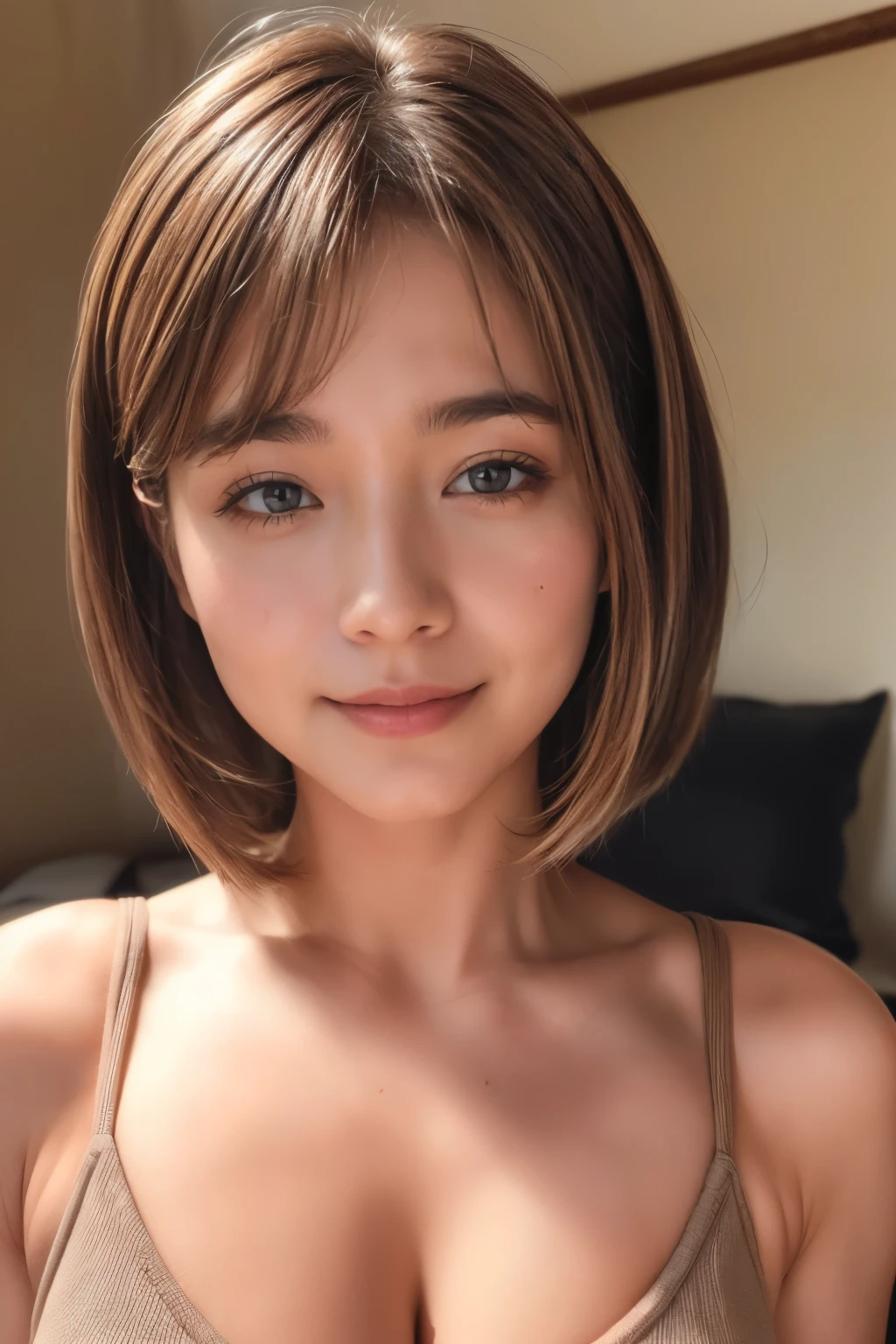 (((Face close-up)))、(((Absolutely shoulder-length brown straight short bob)))、(((She's lying on the bed and looking at us.)))、((((Thin tank top)))、Half Japanese and half Korean、28 year old girl、Looking forward、Light eye makeup、Brown Hair Color、Hair blowing in the wind、quality、Shiny Ultra-Realistic Face、glossy、lure、Sweaty,Watery eye、Gaze Up、Subtle lighting effects、Ultra-Realistic Capture、Very detailed、High resolution 16K human skin closeup。Skin texture must be natural、The detail must be such that the pores are clearly visible.、The skin is healthy、Even Tone、Use natural light and colors、High quality photos taken in-house by a model agency photographer、big laugh、(((SIGMA 300 mm F/1.4、1/1000 sec shutter、ISO 400)))