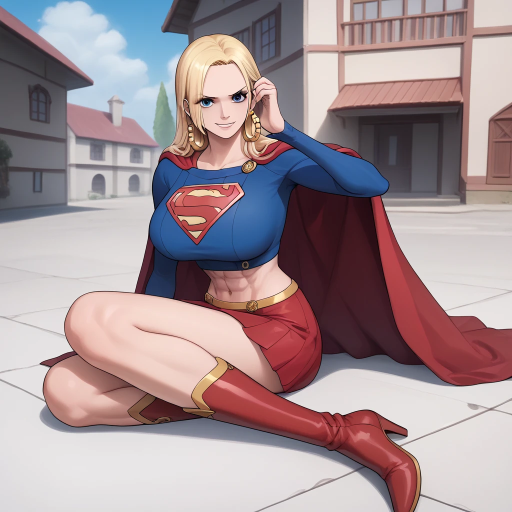 boa hancock wear supergirl costume，huge breast，abs，very detailed，full body，red skirt，red high  heel boots ，smile，red cape，Concept art of a smug Supergirl welcoming the adoration of her fans. A crowd of amazed onlookers gawk at her. Blue skater satin skirt with pointed golden waistband. Delicate, feminine face. Her costume has a satin sheen. She wears a majestic red cape. Blue shirt with a prominent 'S' emblem over her chest. Her MIDRIFF with toned abs is showing. 1 princess baby face, It's pretty and cute,pretty, shoes, house ,bed, full shot, Turn around and look at my butt, lying down, lying down,kneel and sit ,full photo