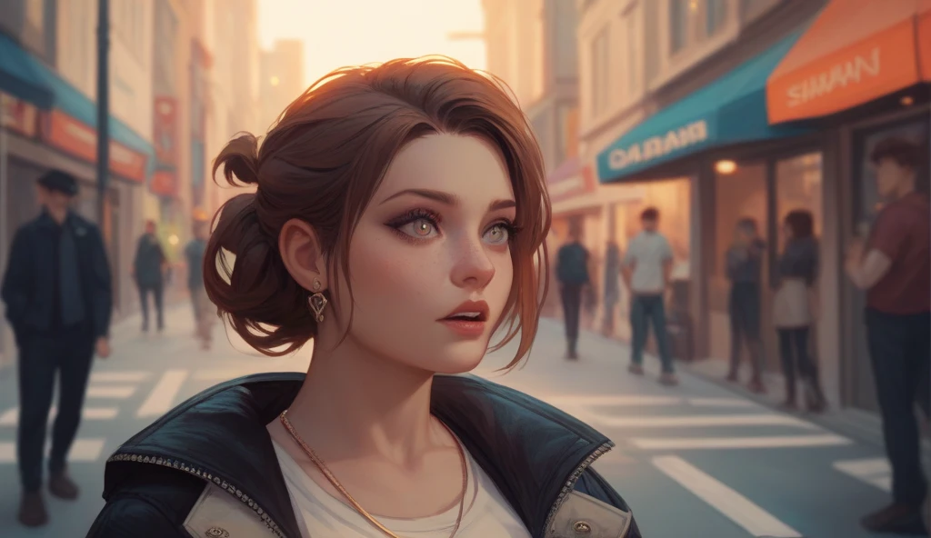  A young woman, Elara, stands alone on a bustling city street, lost in thought. Her expression is one of confusion and longing. The city is a cacophony of noise and movement, with people rushing by and traffic honking.