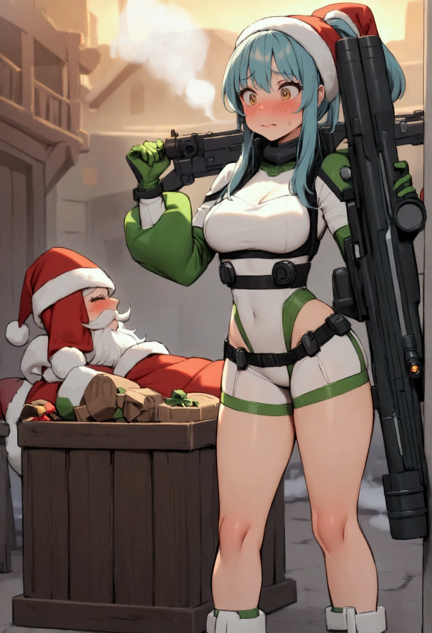 Anime girl in bikini and Santa hat with a gun., oppai, proporciones de oppai, oppai ciberpunk,ecchi, estilo manga en blanco y negro, con pechos grandes, estilo manga detallado,arte manga